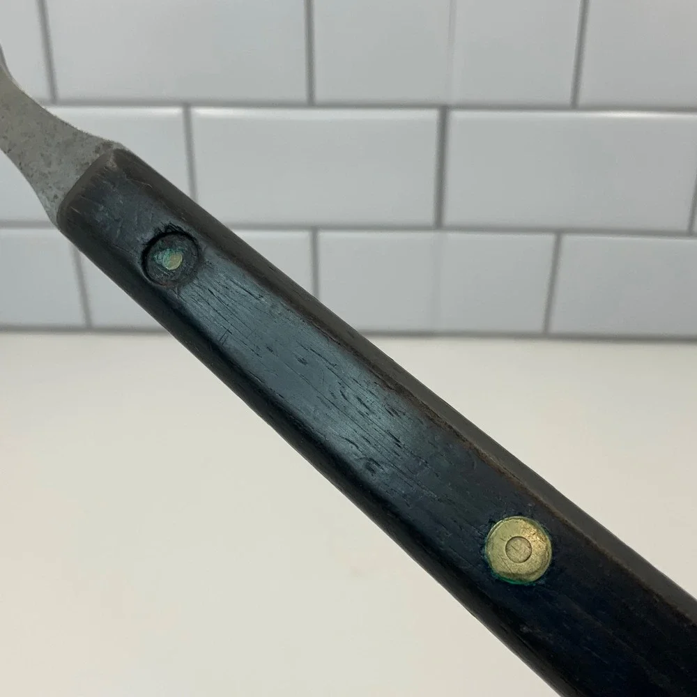 Vintage Unbranded Two Tine Carving Fork Wood Carbon Steel Brown 10.75in